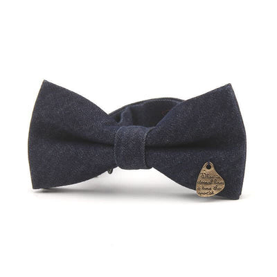 Men's Dark Navy Blue Metallic Decors Denim Cotton Bow Tie
