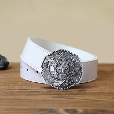 Men's DIY Rhinestone Floral Bull Buckle Leather Belt