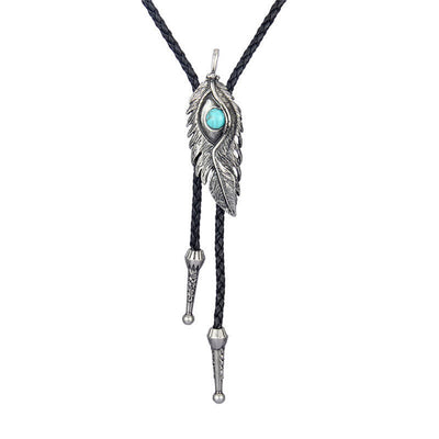 Blue Turquoise Stone Inlay Feather Shape Bolo Tie