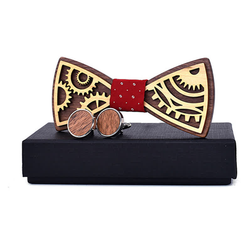 2Pcs Men's Gears Wooden Bow Tie Cufflinks Set