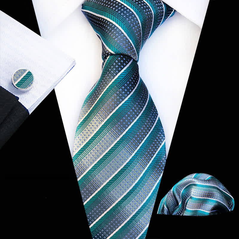3Pcs Men's Modern Teal & Gray Striped Necktie Set
