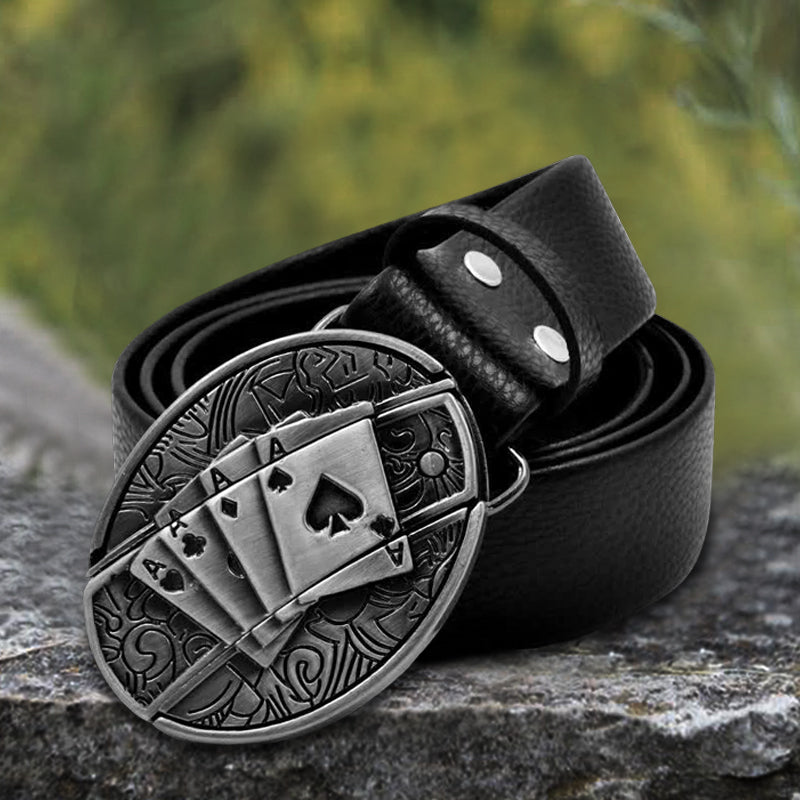 Men's Poker 4 Ace Leather Belt With Folding Knife