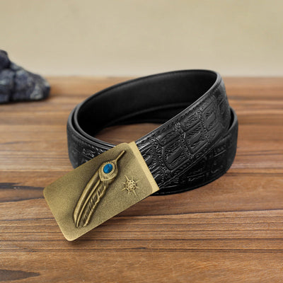 Men's DIY Embossed Feather Turquoise Automatic Buckle Leather Belt