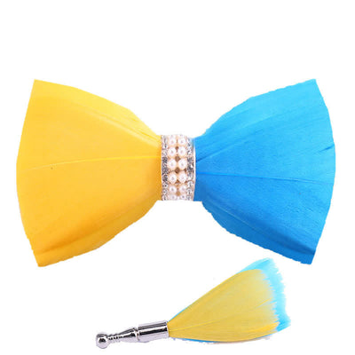 Yellow & Blue Shiny Pearl Feather Bow Tie with Lapel Pin