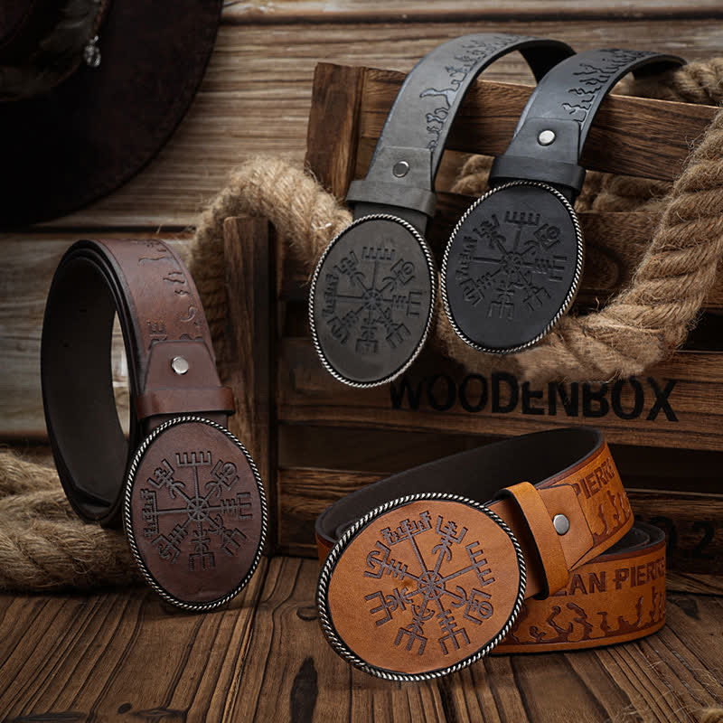 Men's Viking Compass Embossed Pattern Leather Belt