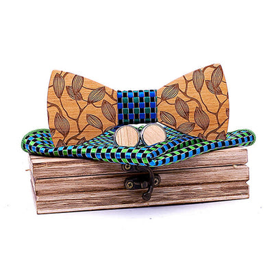 3Pcs Men's Leaf Patterned Wooden Bow Tie Set