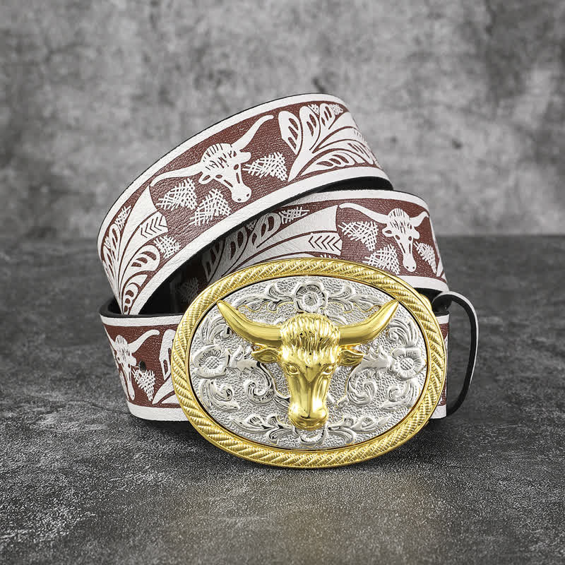 Men's Gold Bull Head Animal White Western Leather Belt