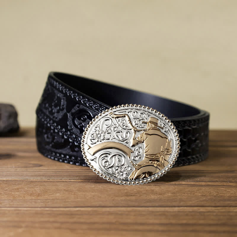 Men's DIY Cowboy Blowing The Horn Buckle Leather Belt