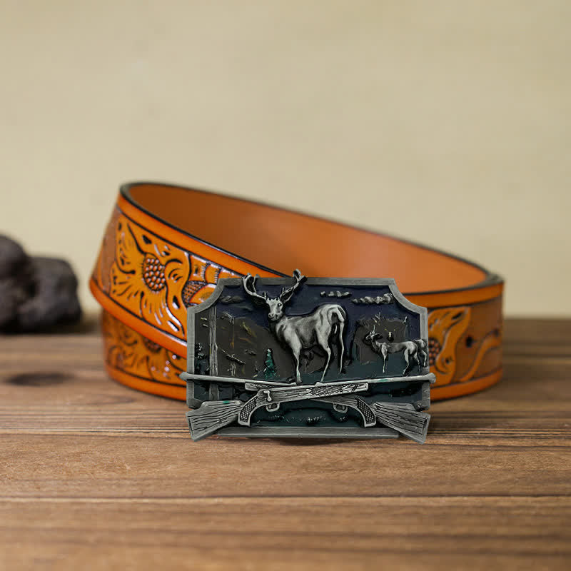 Men's DIY Deer Shotgun Hunter Buckle Leather Belt