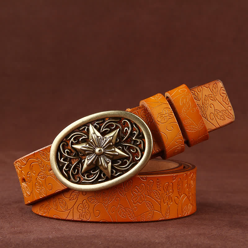 Women's Flower Embossing Five-Pointed Star Buckle Leather Belt