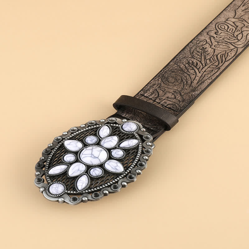 Women's Ethnic White Gem Embossed Leather Belt