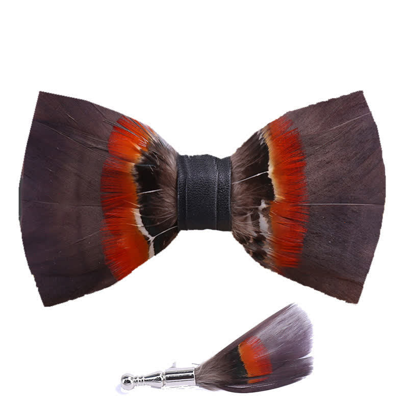 Brown & Orange Feather Bow Tie with Lapel Pin