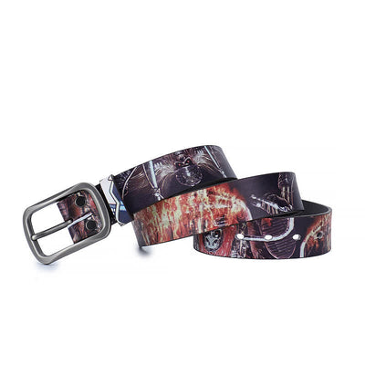 Orange & Black Skull Graffiti Pattern Genuine Leather Belt