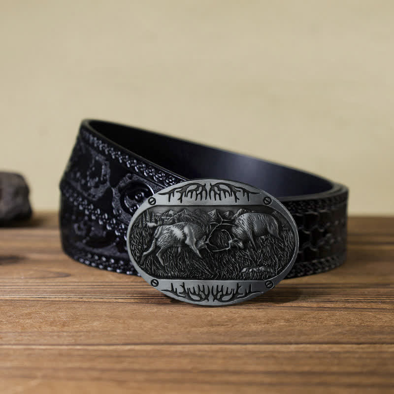 Men's DIY Wild Fighting Deer Buckle Western Leather Belt