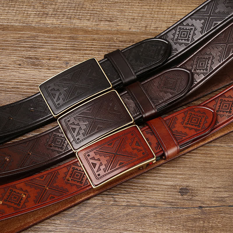 Men's Square Buckle Engraving Totem Pattern Leather Belt