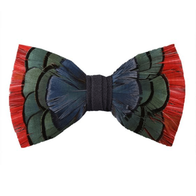Orange Greenish Blue Feather Bow Tie with Lapel Pin