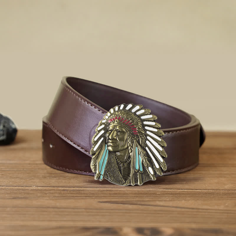 Men's DIY Colored Indian Chief Buckle Leather Belt