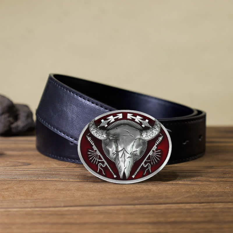 Men's DIY Indian Theme Bull Skull Buckle Leather Belt