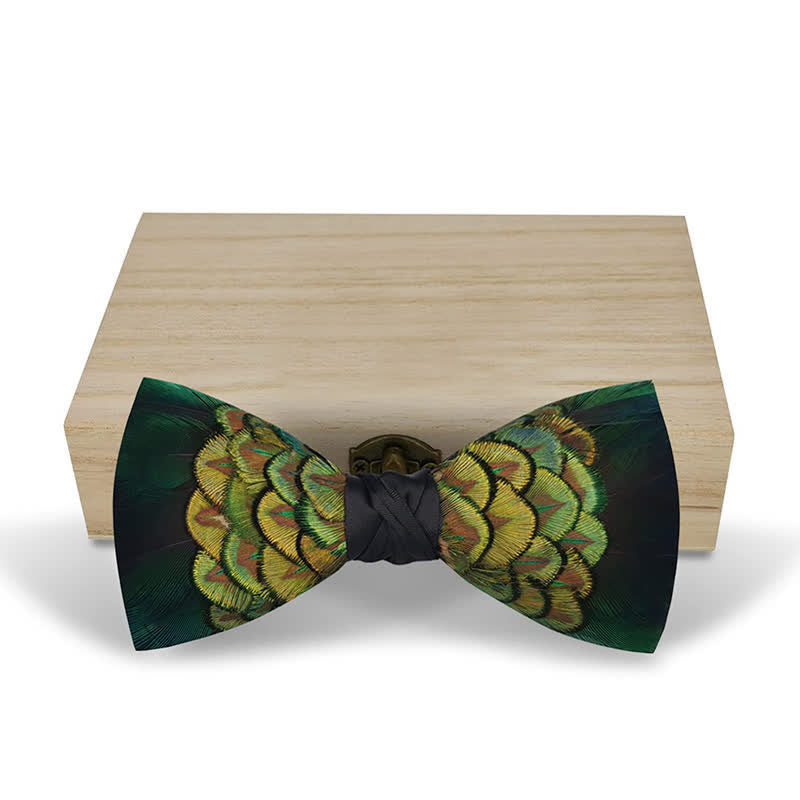 YellowGreen & Black Forest Goose Feather Bow Tie