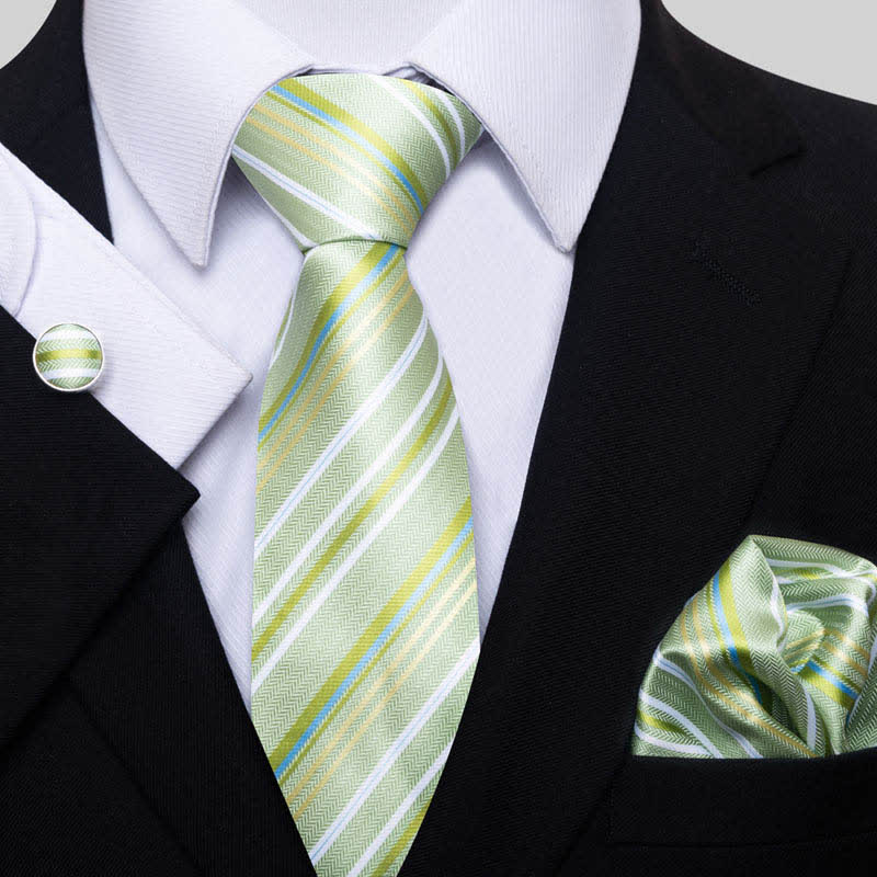 3Pcs Men's Lovely Lime Green Striped Necktie Set