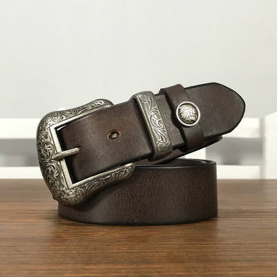 Engraved Floral Indian Element Loop Leather Belt