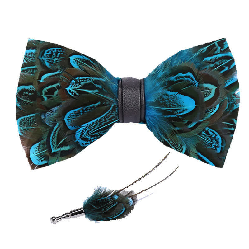 Teal & Black Peacock Feather Bow Tie with Lapel Pin