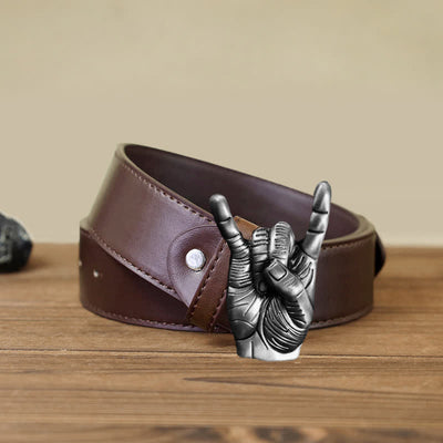 Men's DIY Cool Rock Love Gesture Buckle Leather Belt