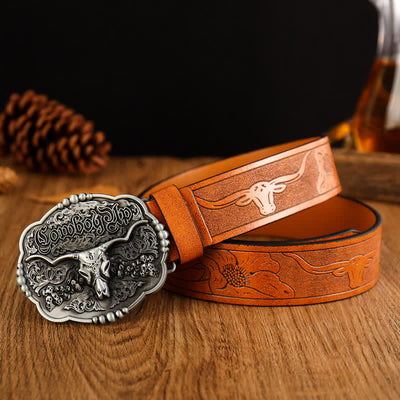 Men's Cowboy Gothic Skull Bull Leather Belt