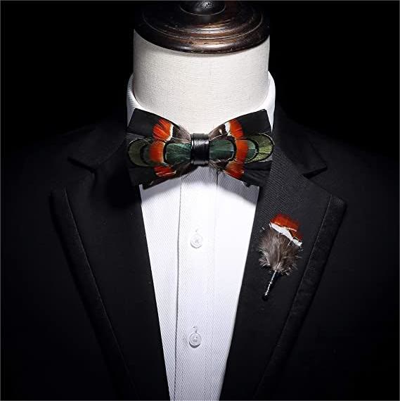 Black & Red Green Mallard Feather Bow Tie with Lapel Pin