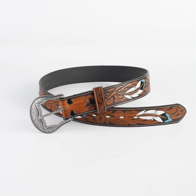 Women's Vintage Engraved Feather Printed Leather Belt