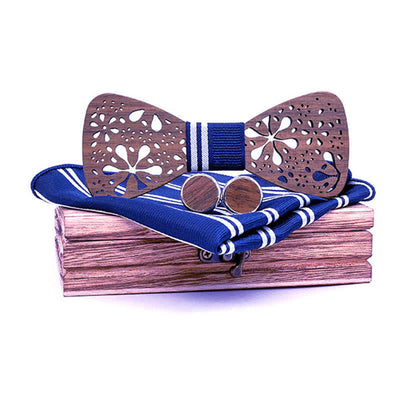 3Pcs Men's Hollow Fireworks Wooden Bow Tie Set