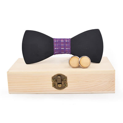 2Pcs Men's Black Wooden Bow Tie Cufflinks Set