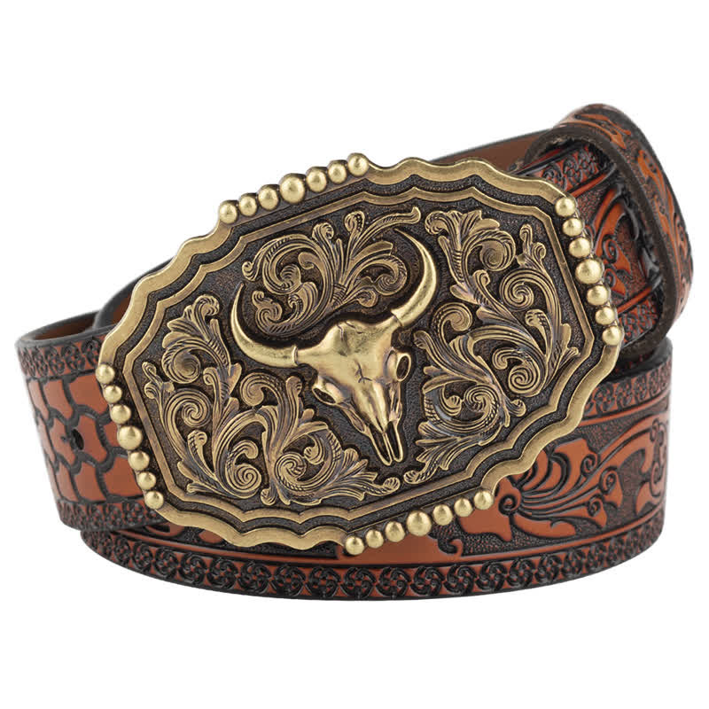 Men's Classic Floral Bull Skull Leather Belt