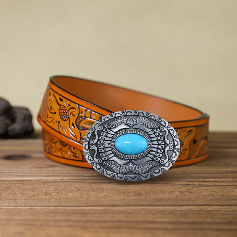 Men's DIY Indian Shield Turquoise Buckle Leather Belt