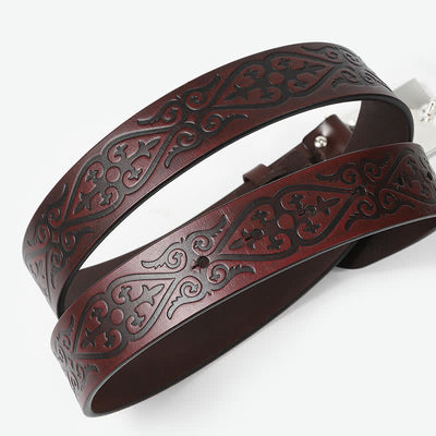 Western Carved Square Buckle Embossed Leather Belt