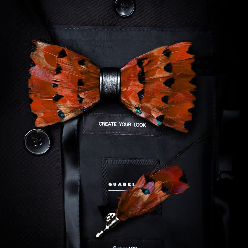 Vibrant Orange Finch Tail Feather Bow Tie with Lapel Pin