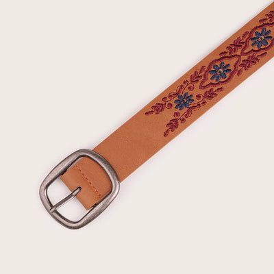 Women's Ethnic Style Flower Embroidery Leather Belt