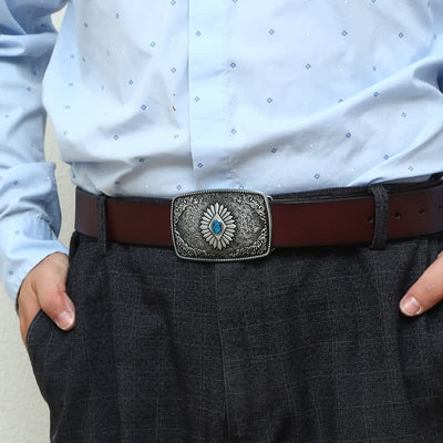 Men's DIY Square Turquoise Western Buckle Leather Belt