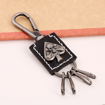 Gothic Skull Poker Ace Handmade Leather Keychain