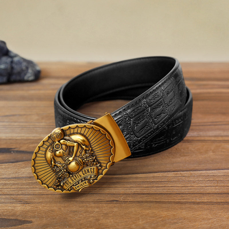 Men's DIY The Devil Comes Smiling Automatic Buckle Leather Belt