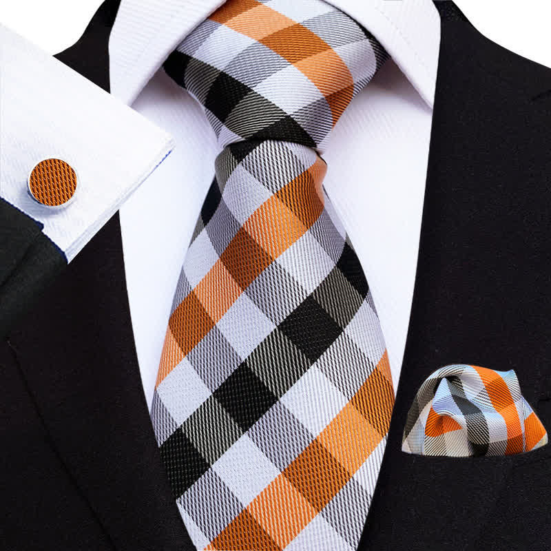 3Pcs Men's Orange & Black Check Necktie Set