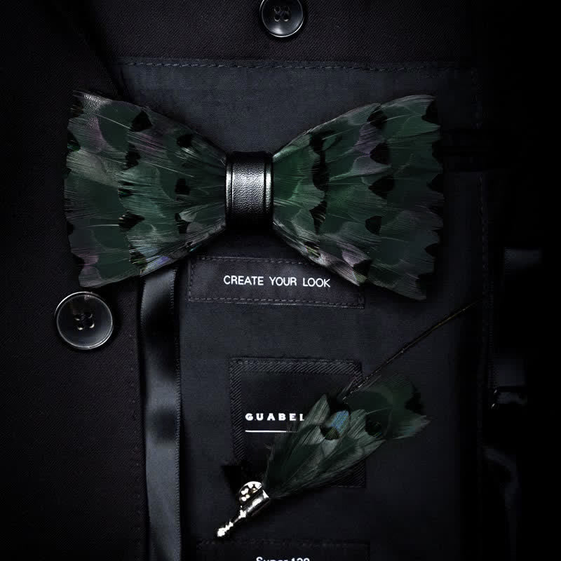 Dark Green Finch Tail Feather Bow Tie with Lapel Pin