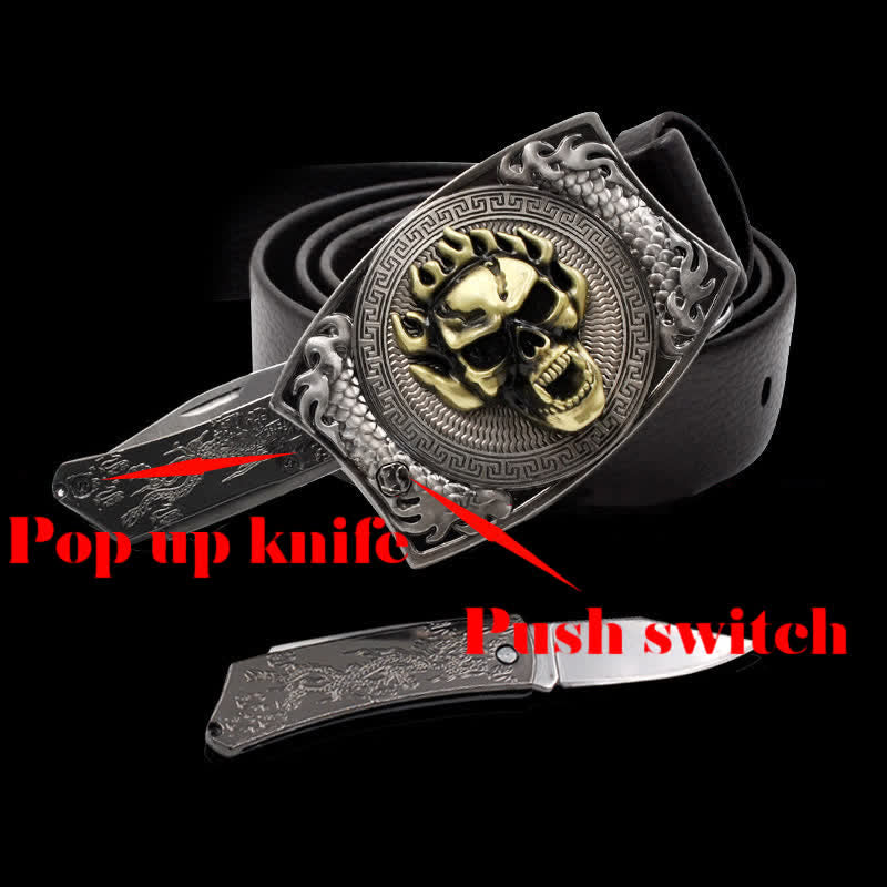 Men's Flame Skull Leather Belt With Folding Knife