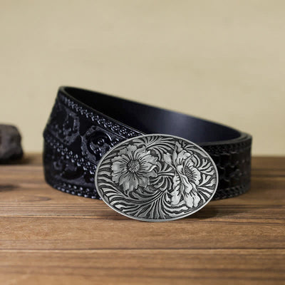 Men's DIY Oval Western Floral Buckle Leather Belt