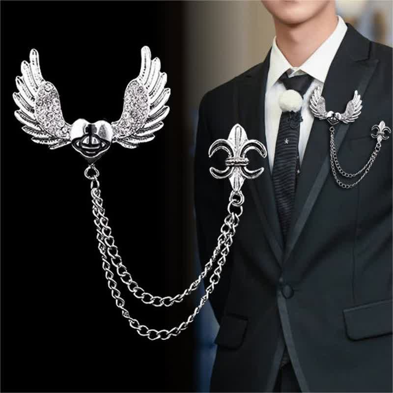 Men's Heart Angel Wings Chain Brooch