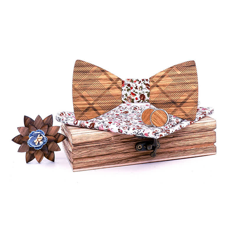 4Pcs Men's Classic Plaids Wooden Bow Tie Set