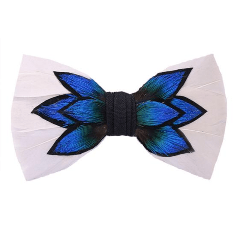 Blue Cyan & Cream White Feather Bow Tie