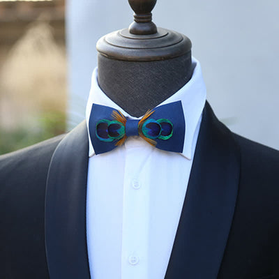 Navy Blue Peacock Tail Big Eye Feather Bow Tie