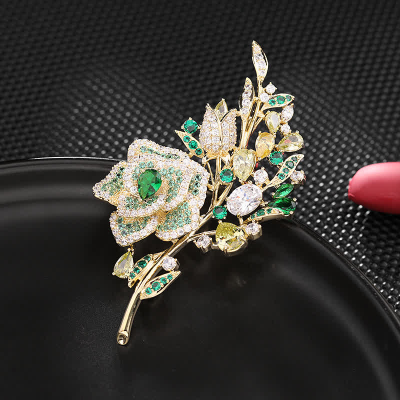 Women's Rose Flower Bouquet Zircon Brooch