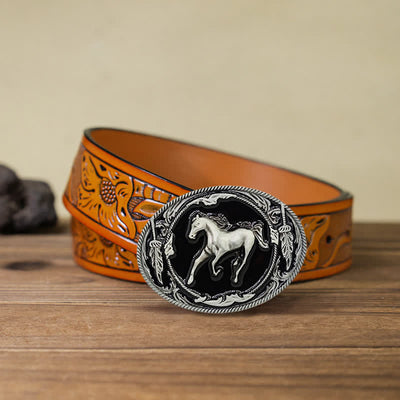 Men's DIY Silver Black Running Horse Buckle Leather Belt